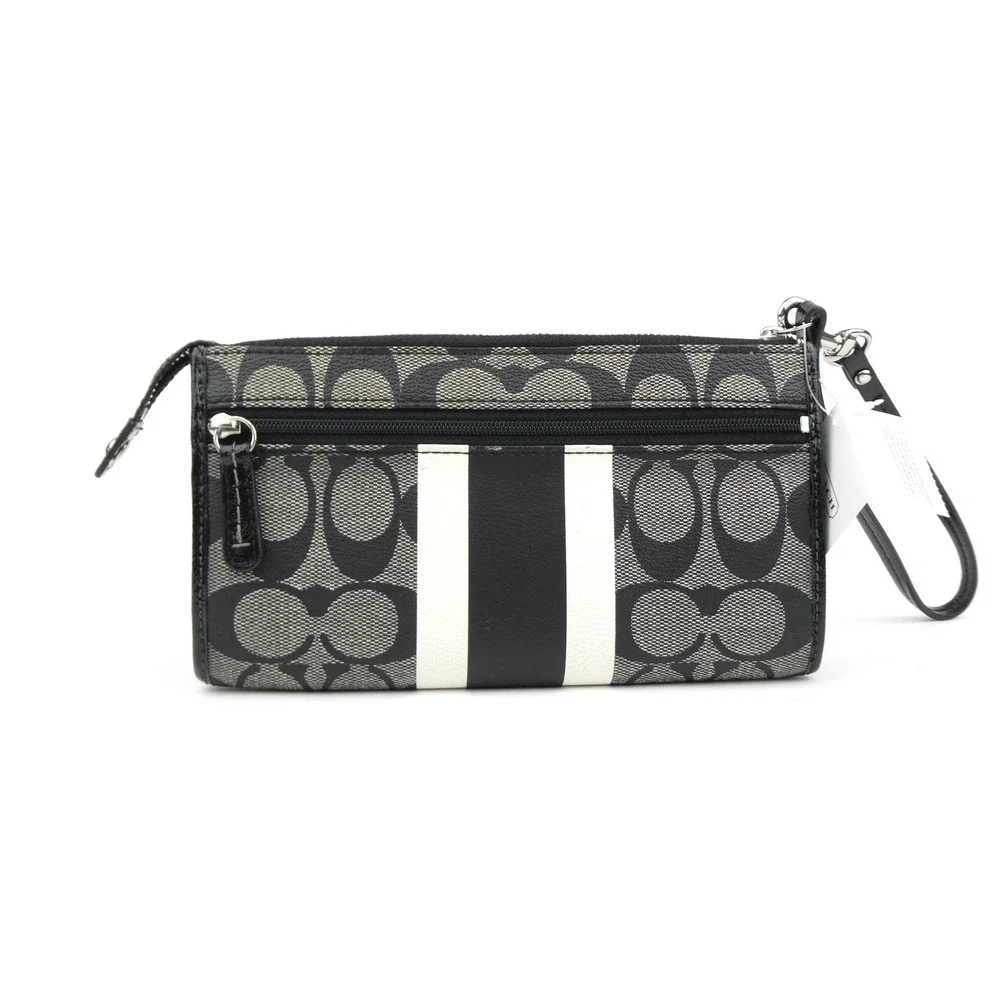 Coach Zippy Signature Stripe Black White PVC Wallet Wristlet F49078